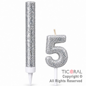 SET BENGALA Y VELA NUMERAL NUMERO 5 CON GIBRE PLATA